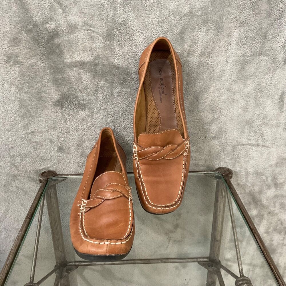 Natural Soul Leather Driving comfort boat Shoes Women 9M Tan moccasin braided